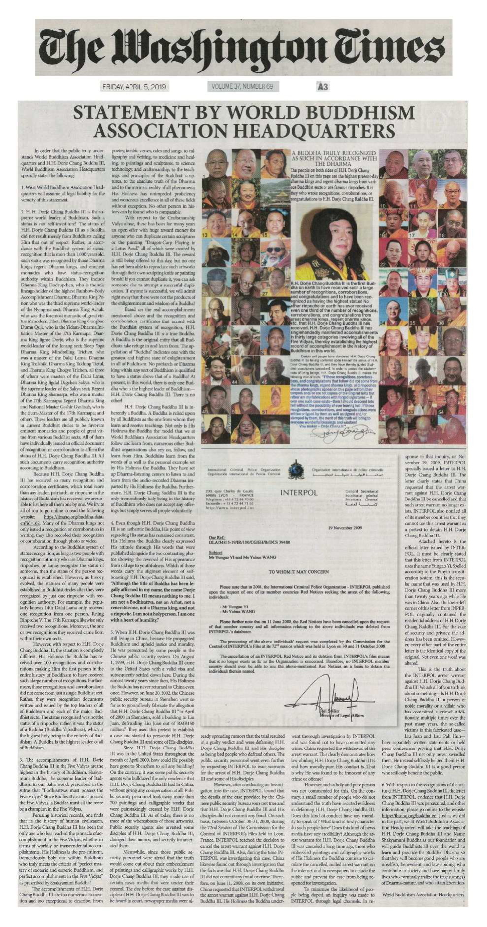 2019年4月5日 华盛顿时报：世界佛教总部声明-图片1