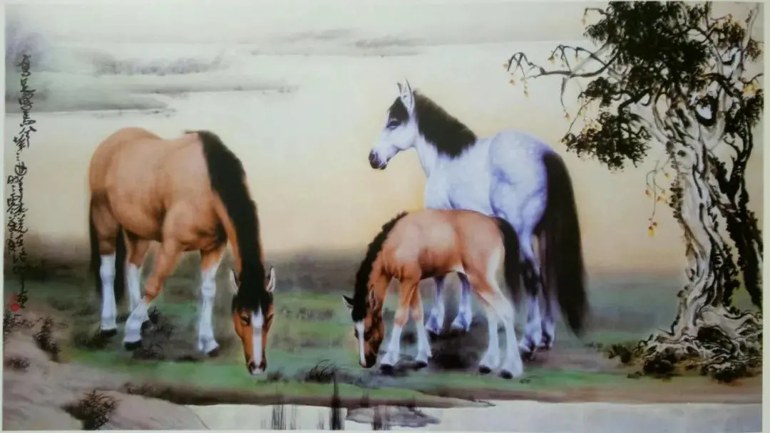 原野之春，悠闲吃草的马—国画《高足宝马兮》